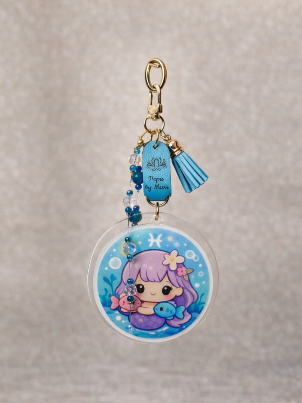 Pisces Zodiac Keychain 6" – Mermaid Acrylic Charm with Tassel & Beads
